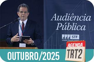 Descrição: Arte na qual vemos em destaque, no lado esquerdo, uma fotografia do desembargador-presidente do Tribunal, Valdir Florindo. No lado direito, lemos: "Audiência Pública" e a logo do STF. Na parte inferior, tem: Outubro/2025 - Agenda TRT2. 