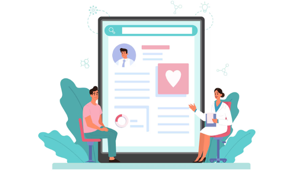 Descrição: Arte na qual vemos a ilustração de um tablet gigante, onde aparece uma ficha médica no centro, em destaque. À direita e à esquerda, respectivamente, aparecem uma médica e um paciente. Por trás do aparelho eletrônico gigante, vemos plantas com folhas enormes. 